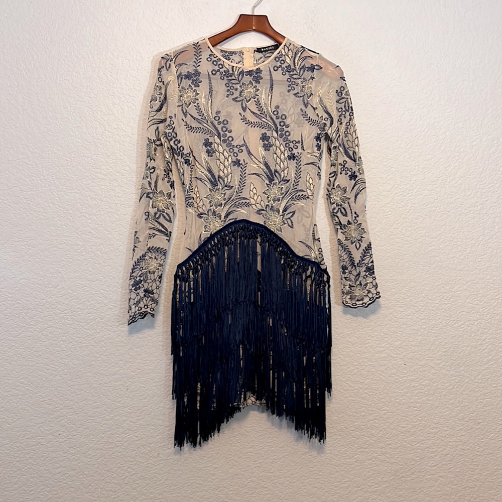 Lace mesh floral embroidered fringe gatsby deco dress